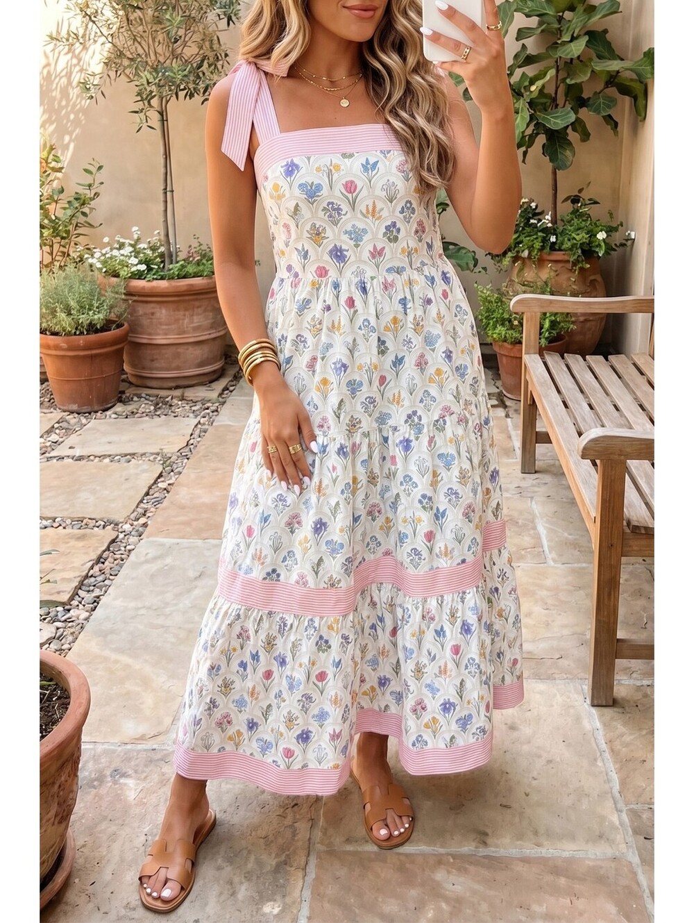 Women's Floral Print Maxi Dress with Pink Trim and Shoulder Ties [COPY] - Picture 3 of 4